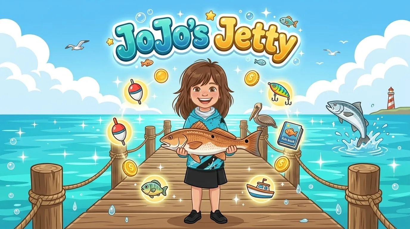JoJo's Jetty: Jojo on a wooden jetty holding up a big redfish